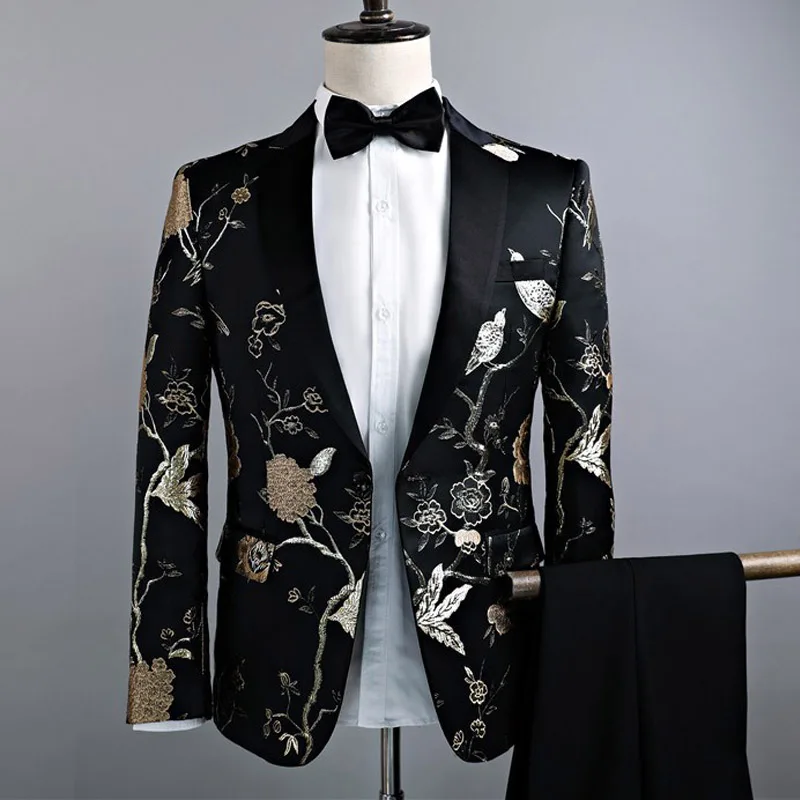

YUSHU Mens Stylish Embroidery Floral Pattern Suits Stage Singer Wedding Groom Tuxedos Men Blazer Black (Jacket+Pants+Tie)