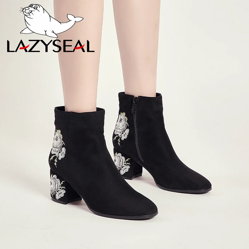 Женские ботинки LazySeal с цветочной вышивкой ботильоны на высоком каблуке черные
