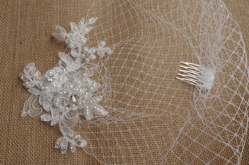 

Bridal Birdcage Veil and Lace Pearls Birdcage Veil , Blusher Birdcage Veil,Short Veil Wedding accessories