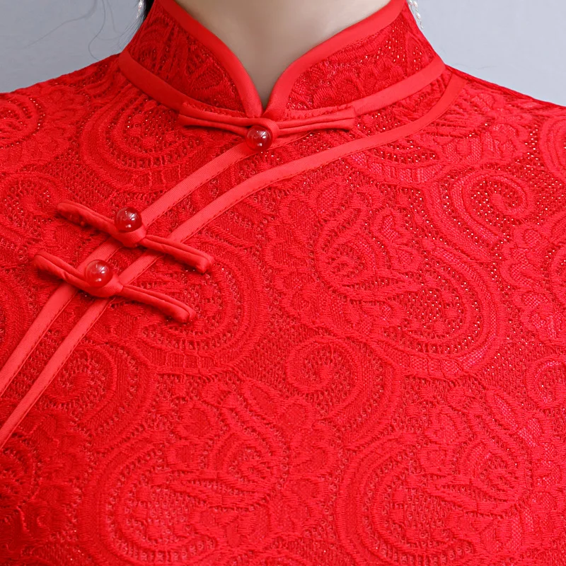 

2019 Spring Knee Length Cheongsam Fashion Chinese style Dress Womens Lace Qipao Slim Party Dresses Lady Button Vestido S-4XL