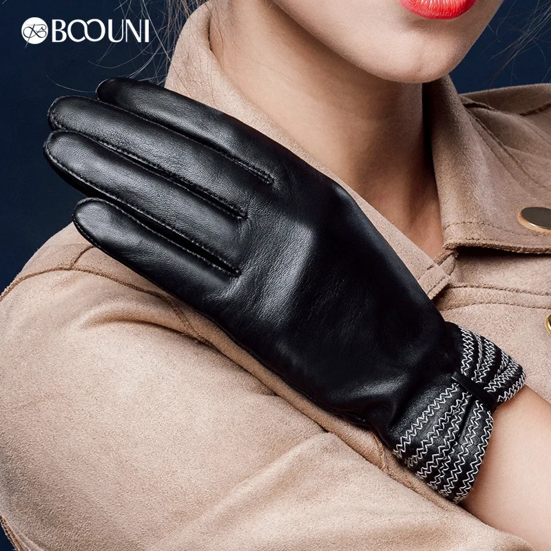 

BOOUNI перчатки из натуральной кожи, Модные женские перчатки из овчины, теплые зимние перчатки с бархатной подкладкой и пальцами, черные перча...