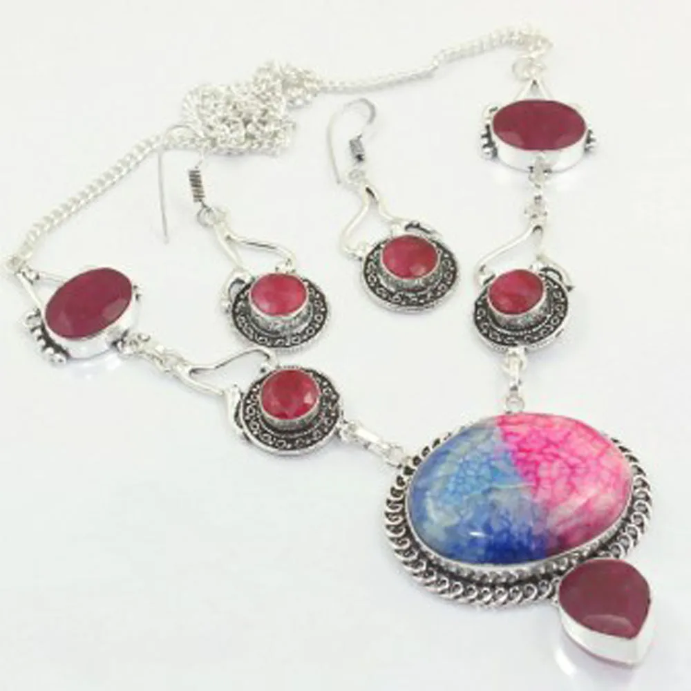 

Rubys & Multicolor Solar Quarts Necklace Earings Silver Overlay over Copper, 54 cm, N3382