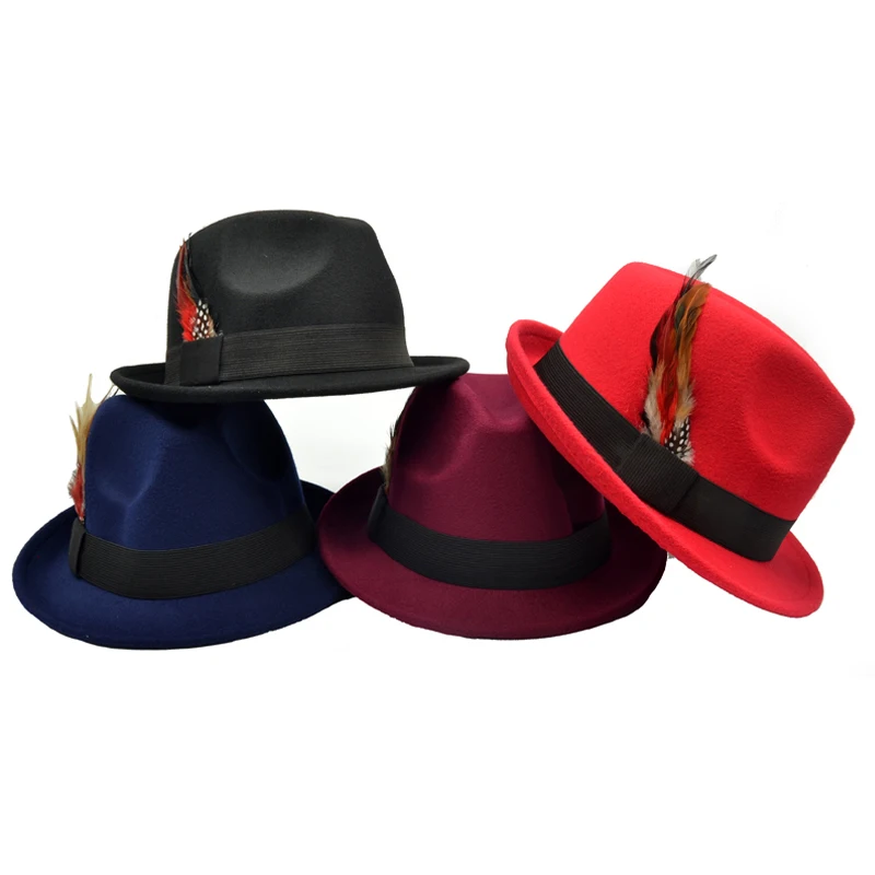 

Vintage Jazz Hats Women Wool Fedoras Feather Decor Solid Color Felt Trilby Cap Church Hat Casual Gentleman Caps Male Fedoras