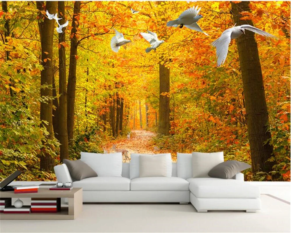 

beibehang papel de parede wallpaper for walls 3d Modern fashion wallpaper beautiful autumn forest path elk dove background wall