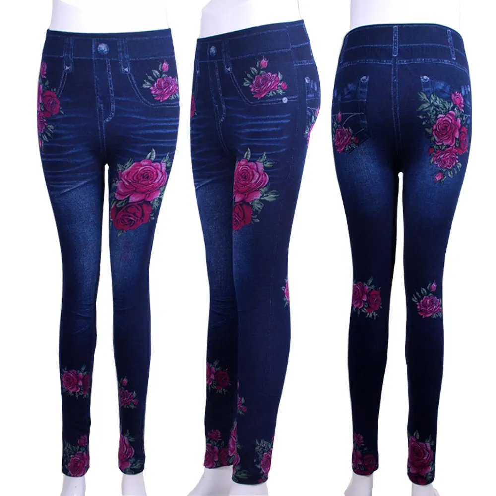 red rose Fashion Slim Women Leggings Faux Denim Jeans Leggings Sexy Hole Heart Printing Casual Women Clothing Pencil Pants Plus size - Цвет: red rose
