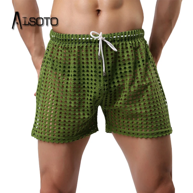 ALSOTO Men Shorts Mesh Hollow Transparent Underwear Joggers Summer Sexy Quick Dry Low Waist Patchwork beach Boxer Shorts