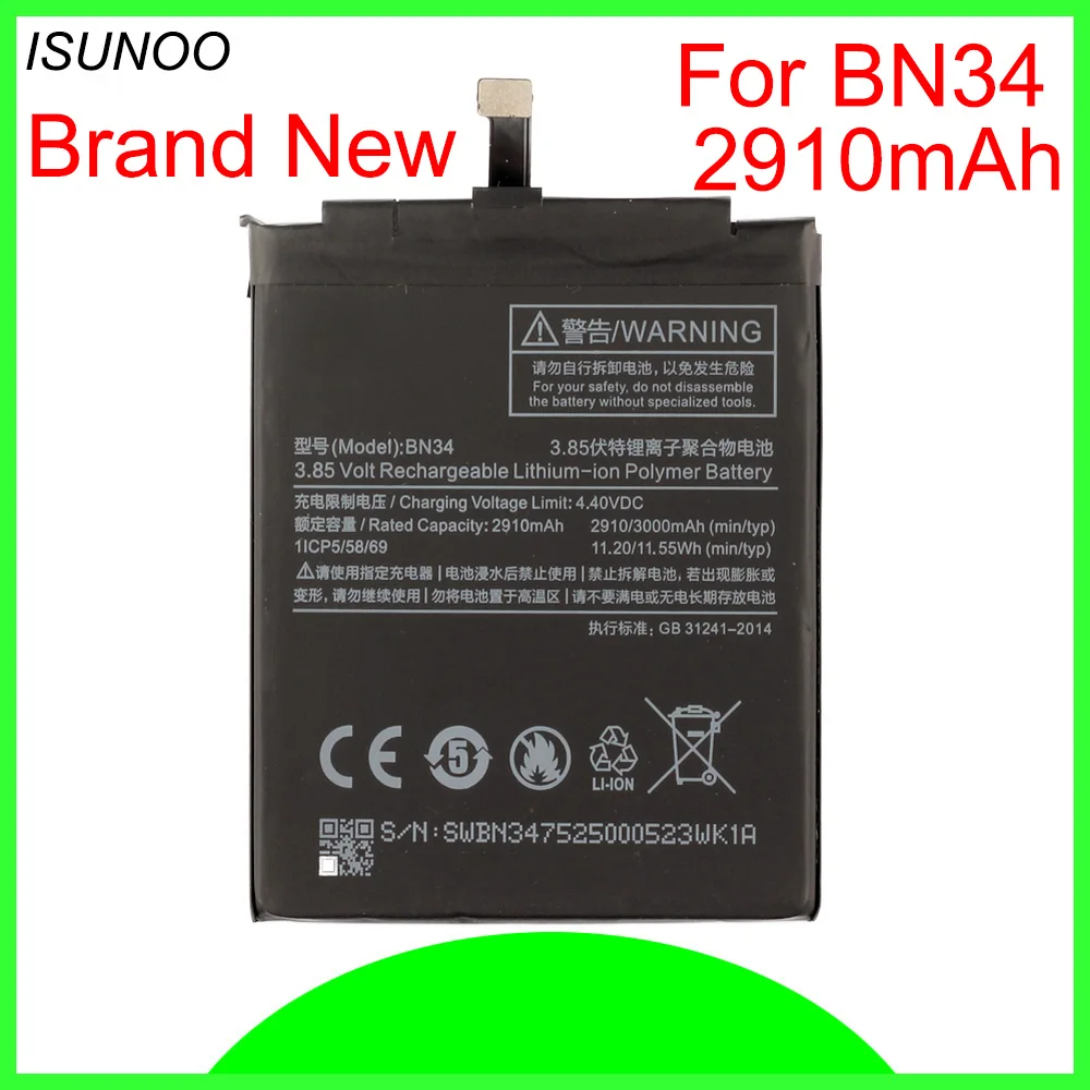 

Аккумулятор BN34 2910 мАч, 2 шт./лот, для Xiaomi Redmi 5A, 5,0 дюйма, сменные литий-полимерные аккумуляторы высокого качества с реальной емкостью