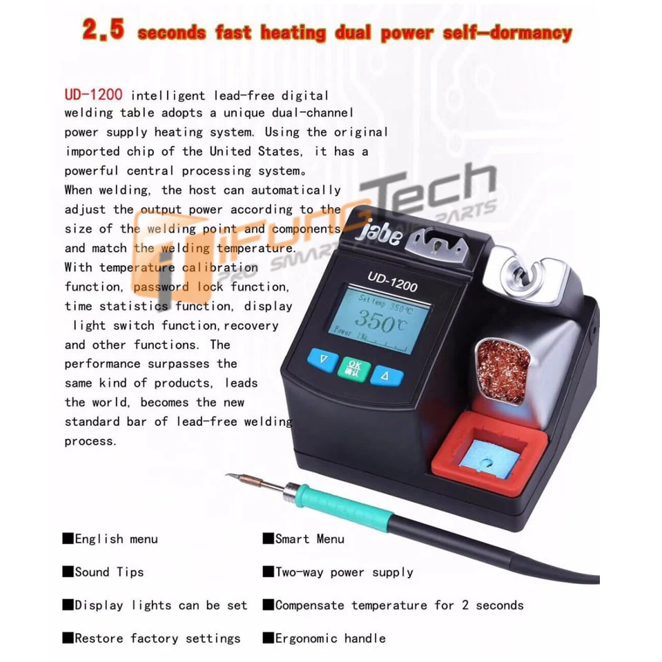 

Jabe UD-1200 Precision Smart Lead-free Soldering Station Welding Iron 2.5S Rapid Heating With Dual Channel Power Heating System