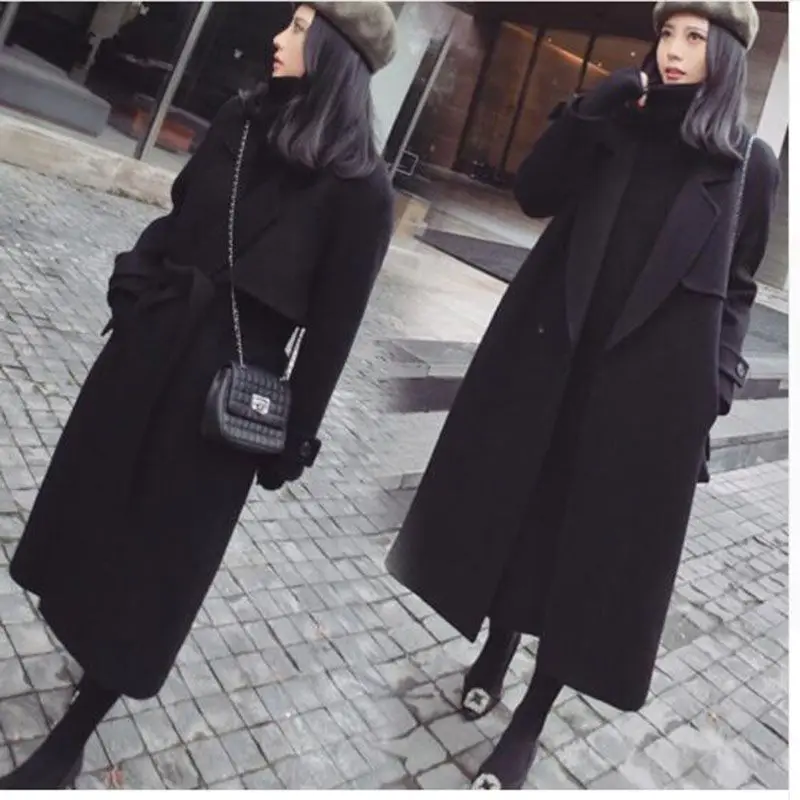 Женское шерстяное пальто длинное черное верхняя одежда размеры S/M/L/XL/XXL для весны