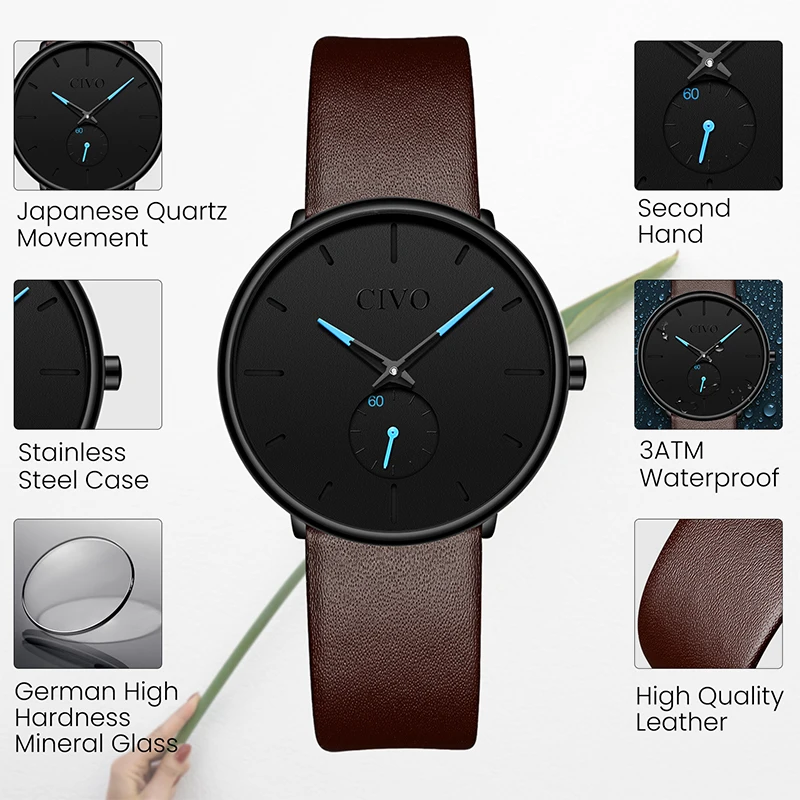 CIVO Fashion Luxury Designer Quartz Watches Women Leather Strap Casual Ladies Simple Wrist Girl Clock Female Gift | Наручные часы