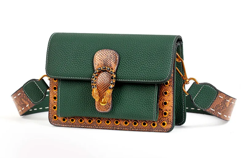 

Женские сумки через плечо со змеиным узором из искусственной кожи, модная сумка через плечо для женщин, Два ремешка, ретро коричневые женские сумки-мессенджеры