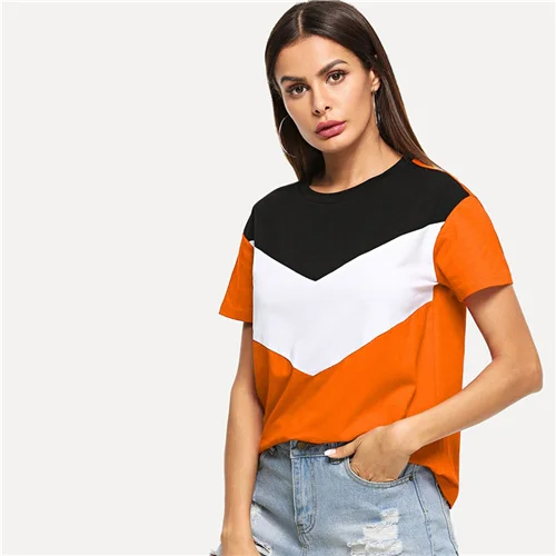 Оранжевый SweatyRocks Cut and Sew Tee многоцветный короткий рукав круглый вырез пэчворк повседневные топы женские летние Athleisure футболка с цветными деталями - Цвет: Оранжевый