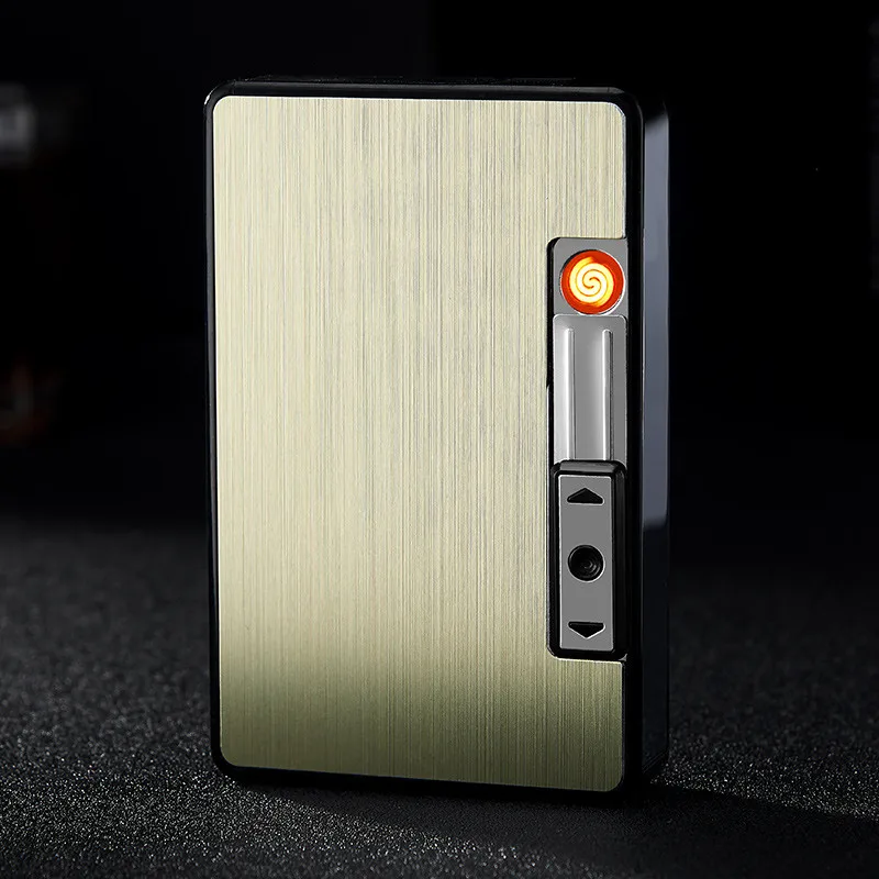 Gold Waterproof Metal Cigarette Case with Lighter USB Plasma Arc Lighter Automatic Tobacco Box Holder Windproof Turbo Coil Lighters - Цвет: Gold