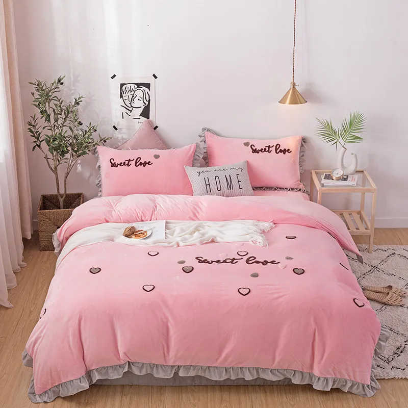 

Хрустальный Бархатный комплект для кровати в современном стиле, пододеяльник, простыня, наволочки, однотонный розовый, имбирный, серый, с ми...