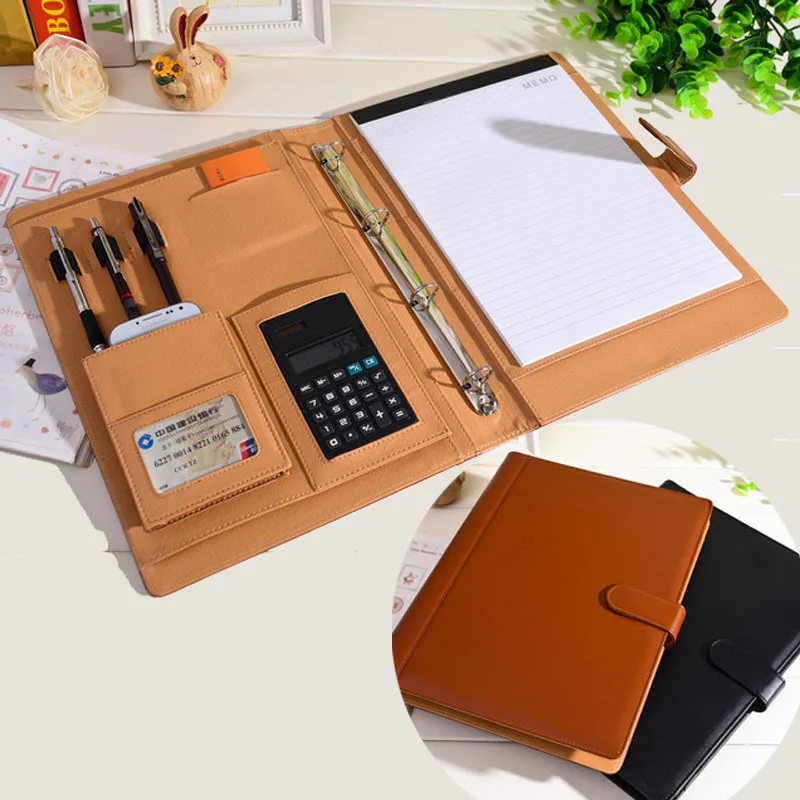 RuiZe leather folder Padfolio multifunction organizer planner notebook ring binder A4 file folder with calculator office supply