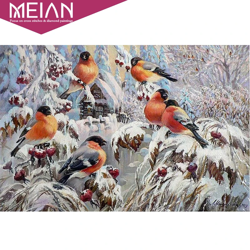 Meian Birds Full Diamond Embroidery 5D Painting Cross Stitch Snow 3D Mosaic Needlework Crafts Christmas Gift new | Дом и сад