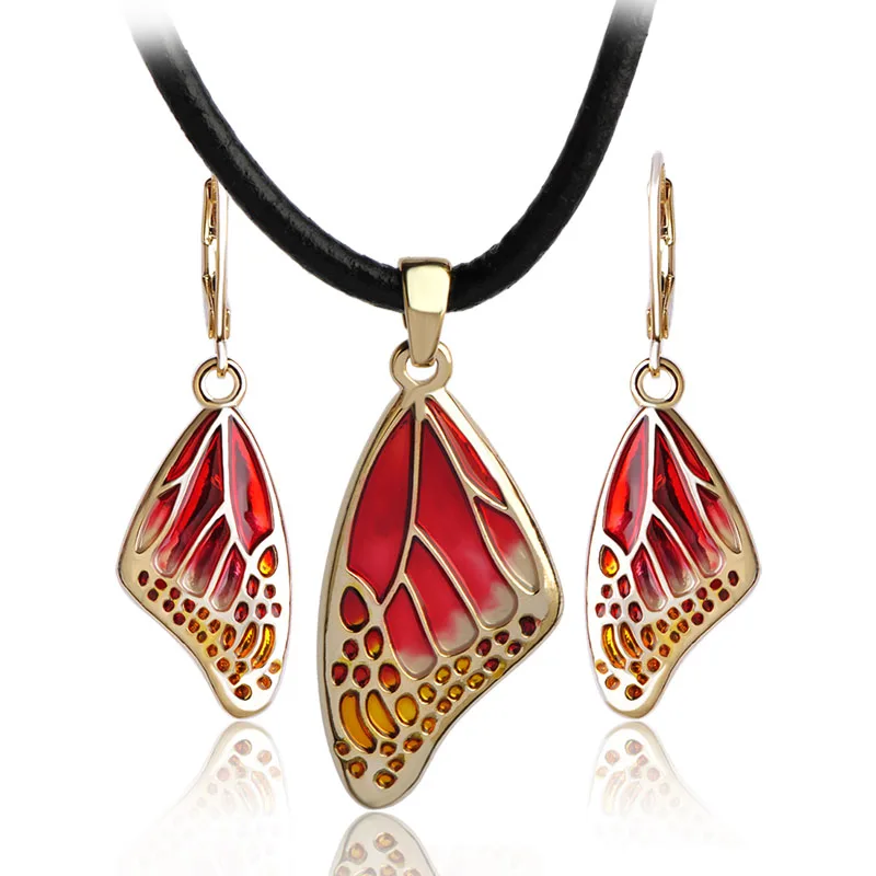 

Madrry Butterfly Shape Colorful Enamel Jewelry Sets for Women Pendant Necklace and Earrings Rope Leather Chain Choker Feminino
