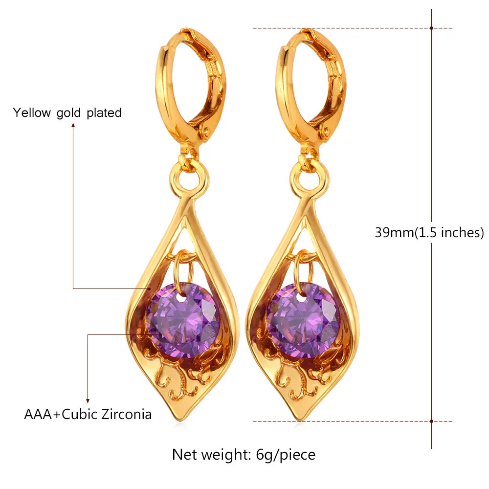 Женские фиолетовые серьги Kpop в форме капли с фианитом желтого золота/серебра