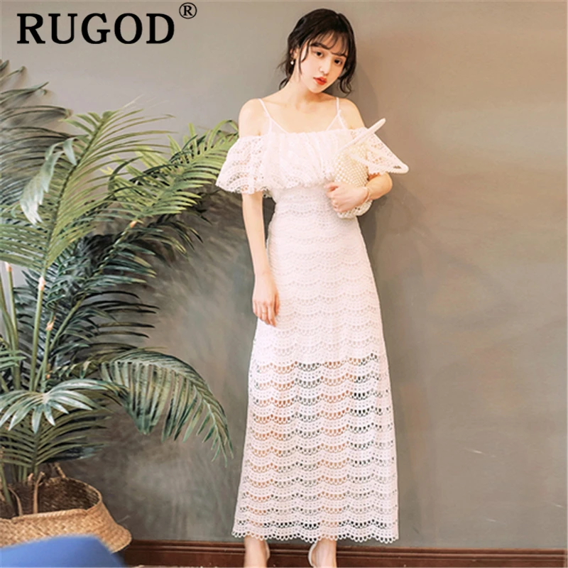 RUGOD Elegant party dress for women Fashion spaghetti strap hollow out long maxi vestidos Vintage off shoulder white | Женская одежда