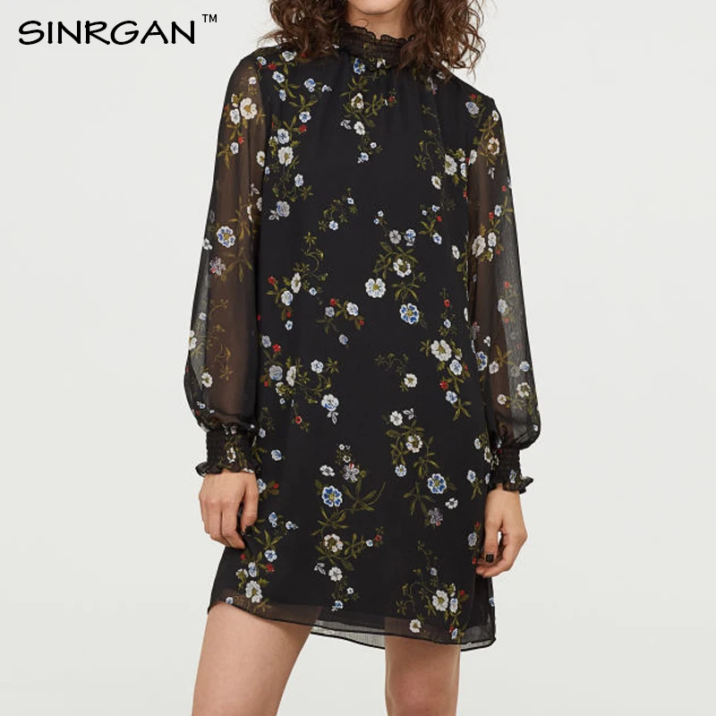 SINRGAN свободный стиль с цветочным принтом boho женщин платье Водолазка Длинные