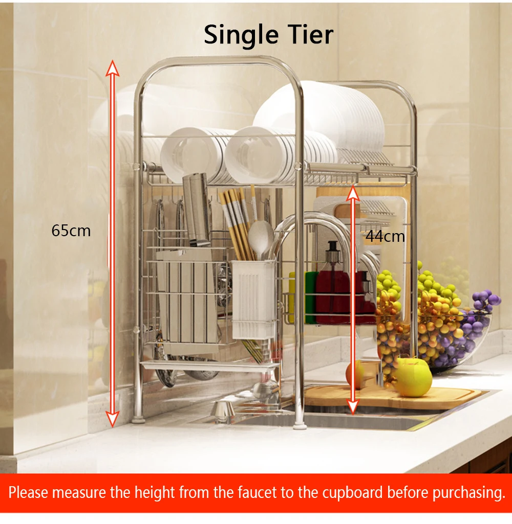 Durable Kitchen Rack 304 Stainless Steel Shelf Single Tier Sink Hanging Hook Dish Bowl Drainer Rustproof Waterproof Shelf