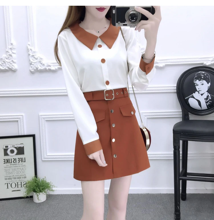 Женская одежда, корейская мода, vestido, шифоновая рубашка и юбка с высокой талией, с поясом, комплект одежды из двух предметов, женская элегантная одежда