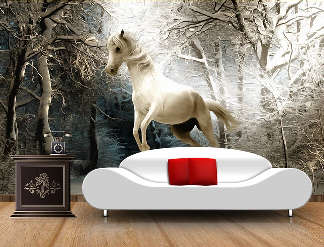 

Пользовательские 3D обои с лошадью, Зимний лес фрески для спальни Pegasus задний фон для телевизора, водонепроницаемые обои