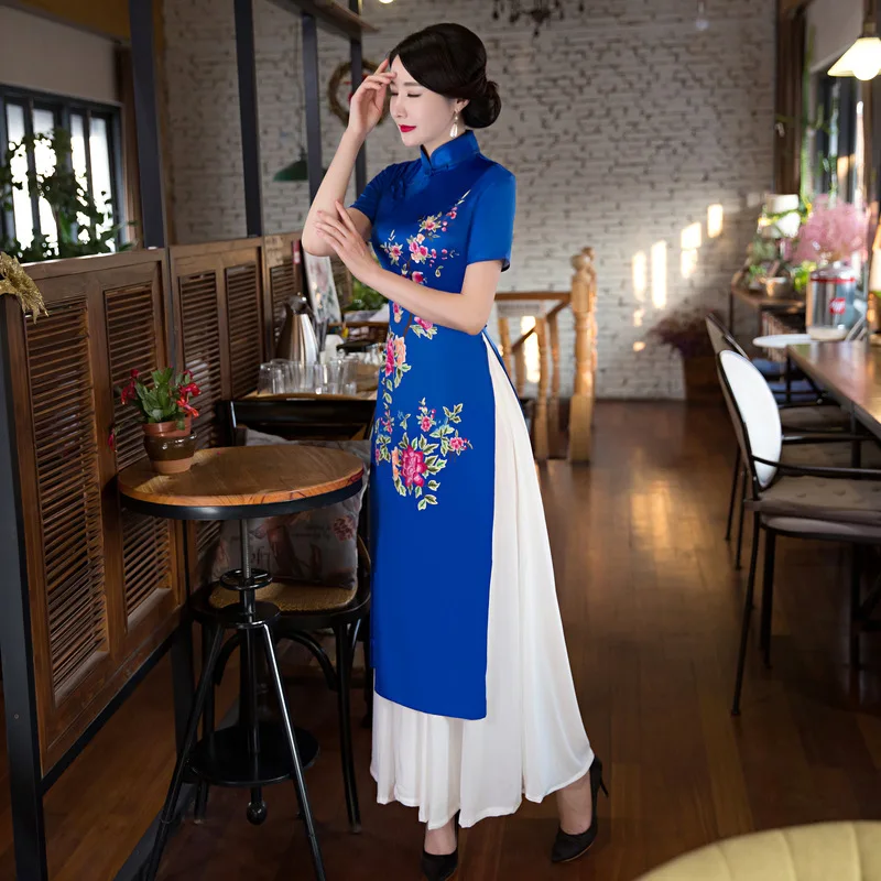 Синий Новый стиль аозай Винтаж этнические AoDai короткое китайское платье-Ципао с