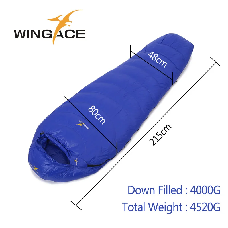 WINGACE заполнить 2000 г 3000 4000 гусиный пух спальный мешок Сверхлегкий Поход Открытый путешествия Мумия спальный мешок uyku tulumu - Цвет: Blue 4000G