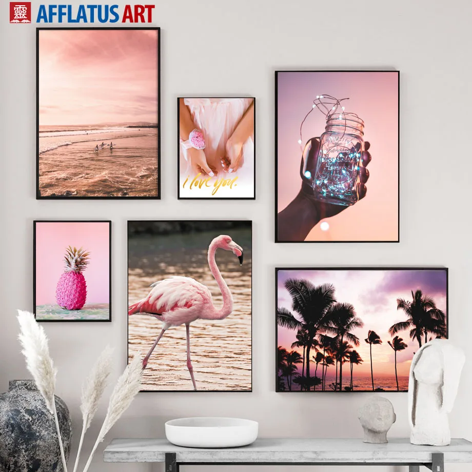 

Pink Sea Flamingo Pineapple Palm Tree Wall Art Canvas Painting Nordic Posters And Prints Wall Pictures For Living Room Decor