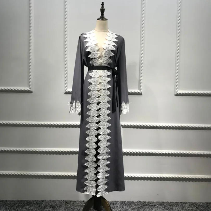 Мусульманская Мода Кардиган abaya кружевное платье женское кимоно листья