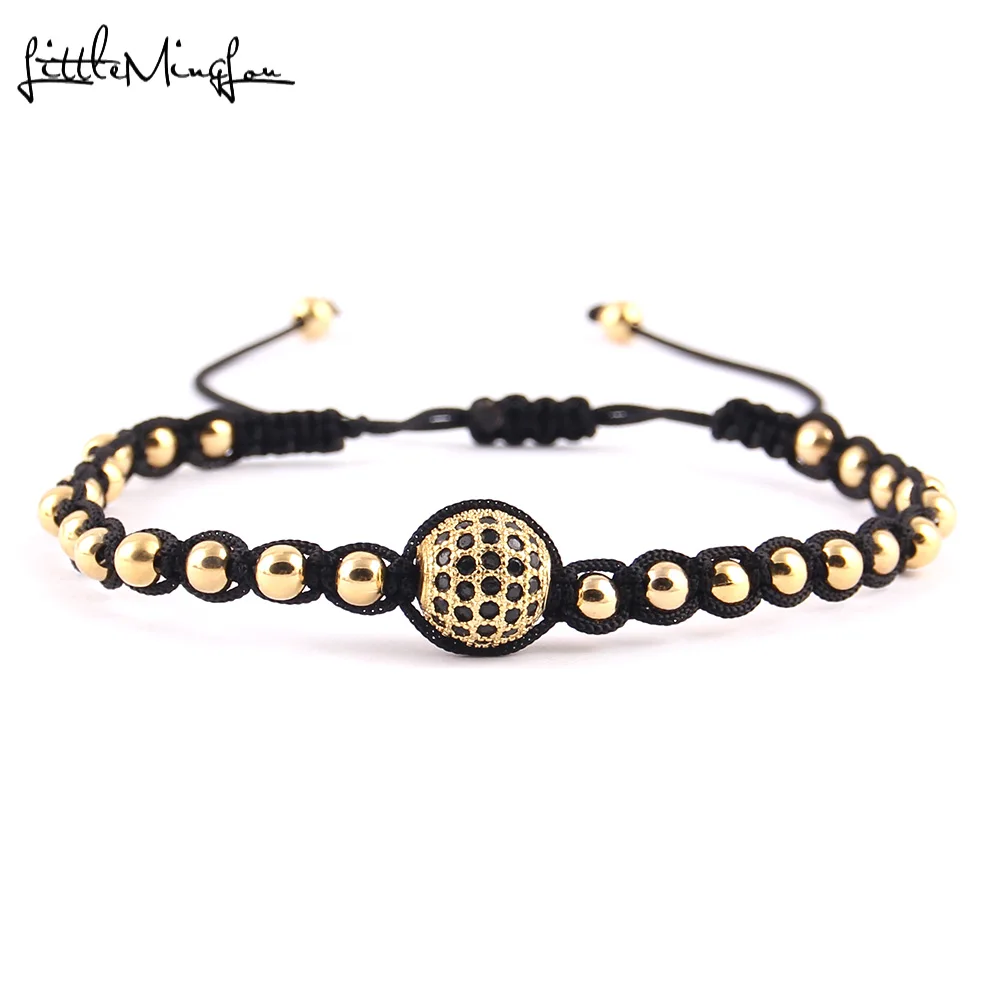 

Little MingLou Men Luxury bracelet Black CZ Ball Connector & 4mm Round Beads Bracelets & Bangles Braided Macrame women Jewelry