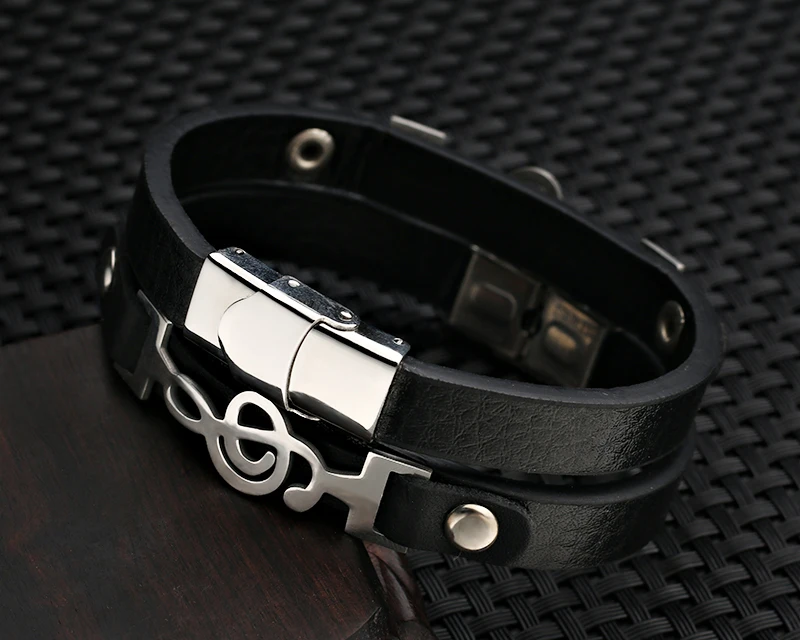 Дизайн Музыкальные ноты Braclet для мужчин подлинный мужской кожаный браслет хип-хоп браслеты из нержавеющей стали ручной ювелирные изделия Pulseira Feminina
