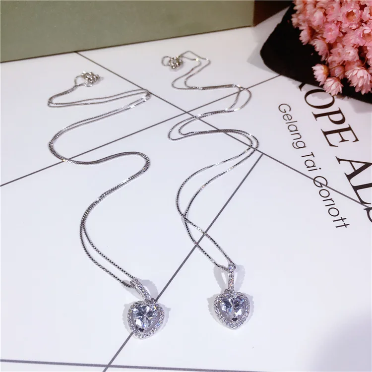 

New Arrival Fashion Romantic Designer Shiny Zircon Heart Pendant Pure 925 Sterling Silver Women Chain Necklace Trendy Jewelry