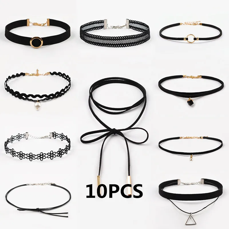 10 PCS Ожерелье-чокер зирис чёрный кружевной бархатный полосатый женский воротник вечерние ювелирные изделия Аксессуары для шеи чокеры ручной работы ожерелье-цепочка - Окраска металла: 10 PCS