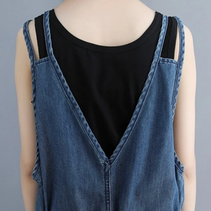 

Loose Women Wide Leg Denim Jumpsuits Overalls Korean Fashion Casual Summer Sleeveless V-Neck Drawstring Ladies Jeans Jumpsuits