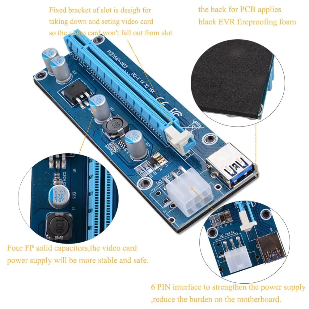 60 см pci e PCI Express X16 Extender E USB 6pin Riser Card PCIe добыча карты адаптера для добычи Bitcoin