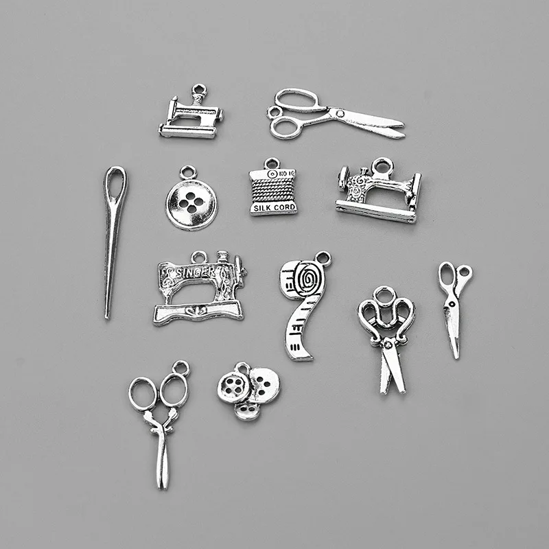 

Mixed 50PCS Hand Stamped Alloy Scissors Sewing Machine Buttons Needle DIY Charms Dangle For DIY Jewelry Gifts