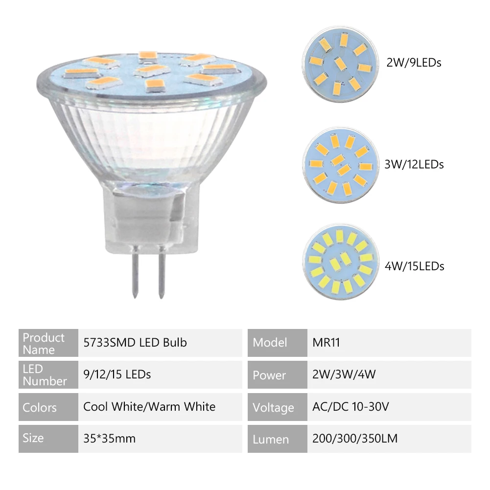 MR11 GU4 Светодиодный точечный светильник AC/DC 12-30 в 2 Вт/3 Вт/4 Вт 5733 SMD светодиодный светильник энергосберегающий Светодиодный точечный светильник Холодный/теплый белый