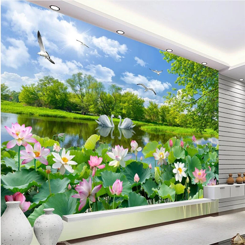 

beibehang Custom wallpaper Murals Any size photo Beautiful scenery Swan Lake Lotus living room Landscape TV background wall