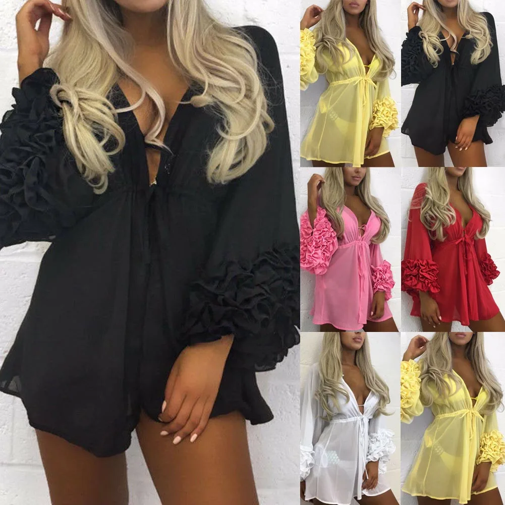 Summer Women Swimsuit Bikini Cover Up Kaftan Sarong Sexy Beach Cover Ups Chiffon Dress Elegant Solid Beach Bathing Suit tunic