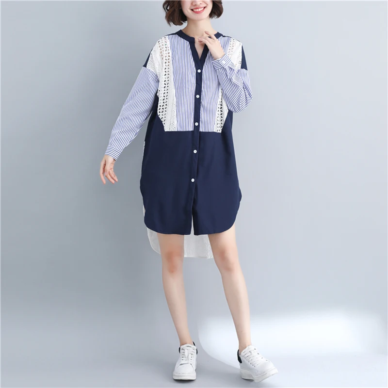 

Plus size shirts women 4XL summer new 2019 vintage blouses female vogue lace splice stripe loose shirts woman long blouses
