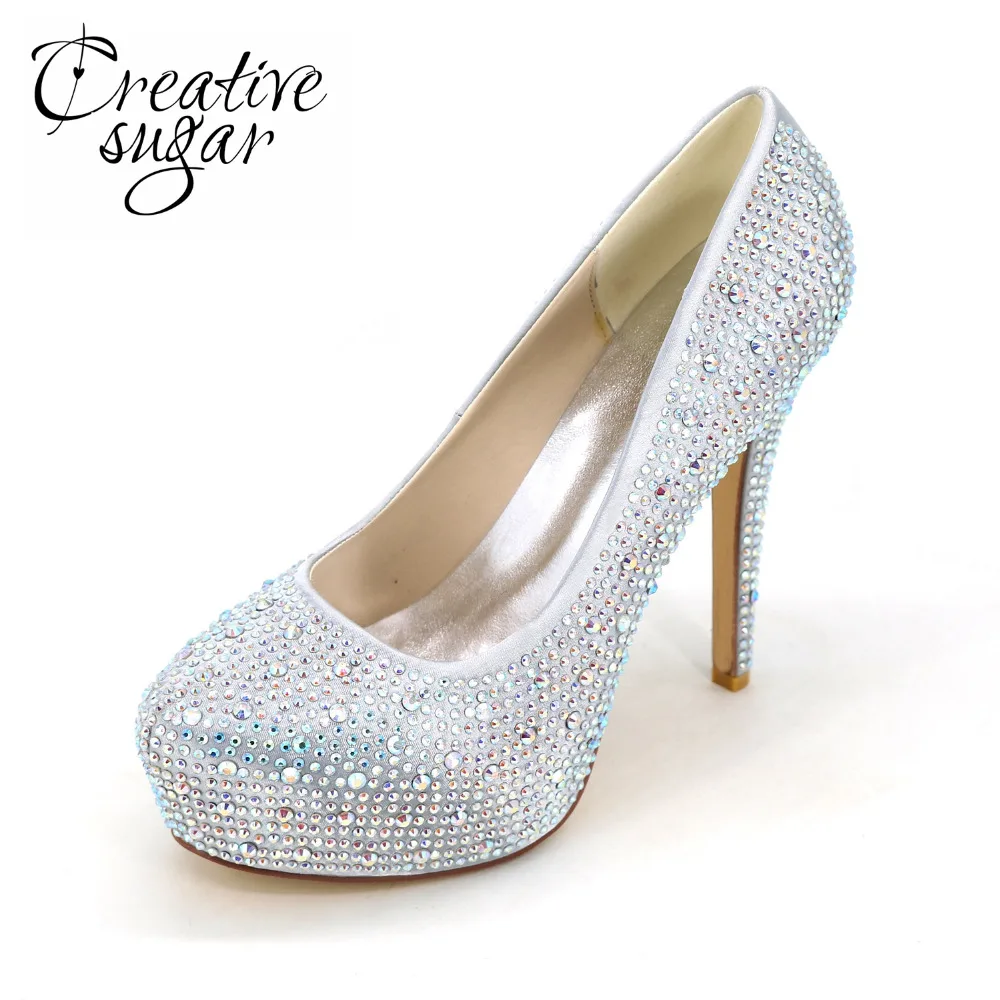 

Creativesugar closed toe platform lady high heels satin dress shoes with rhinestone crystal Champagne royal blue red ivory white