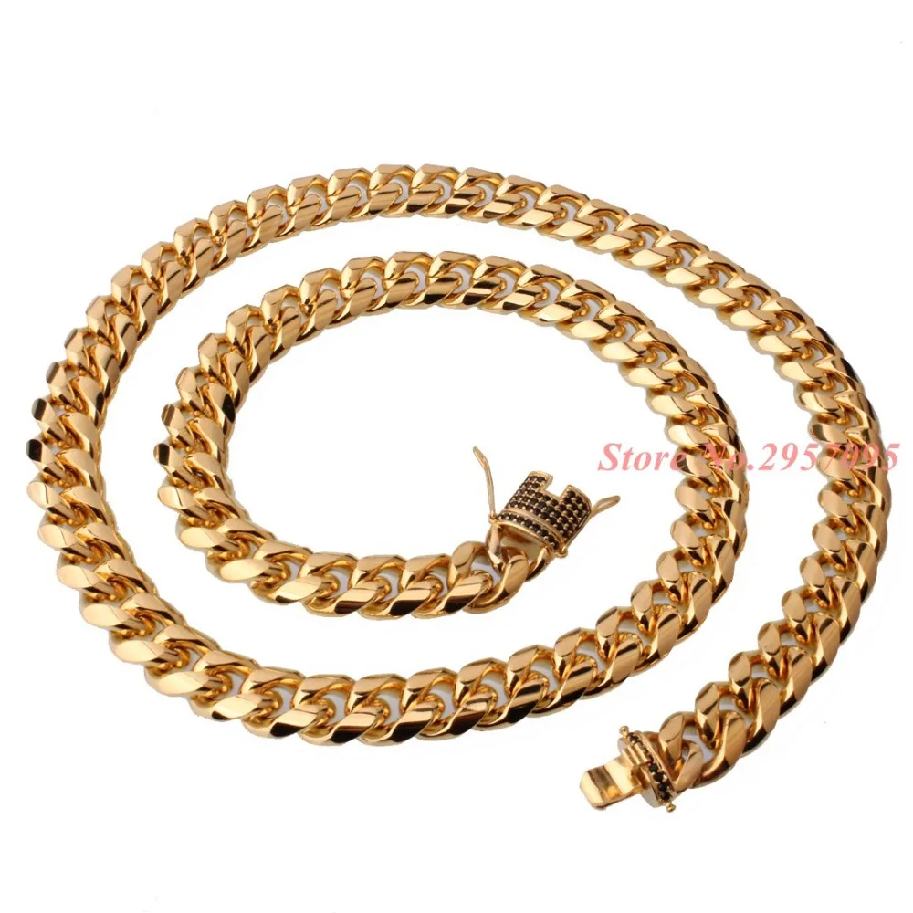

Hip hop 12mm Men Cuban Miami Chain Necklace Stainless steel Rhinestone Clasp Iced Out Gold Silver Color Chain Necklaces