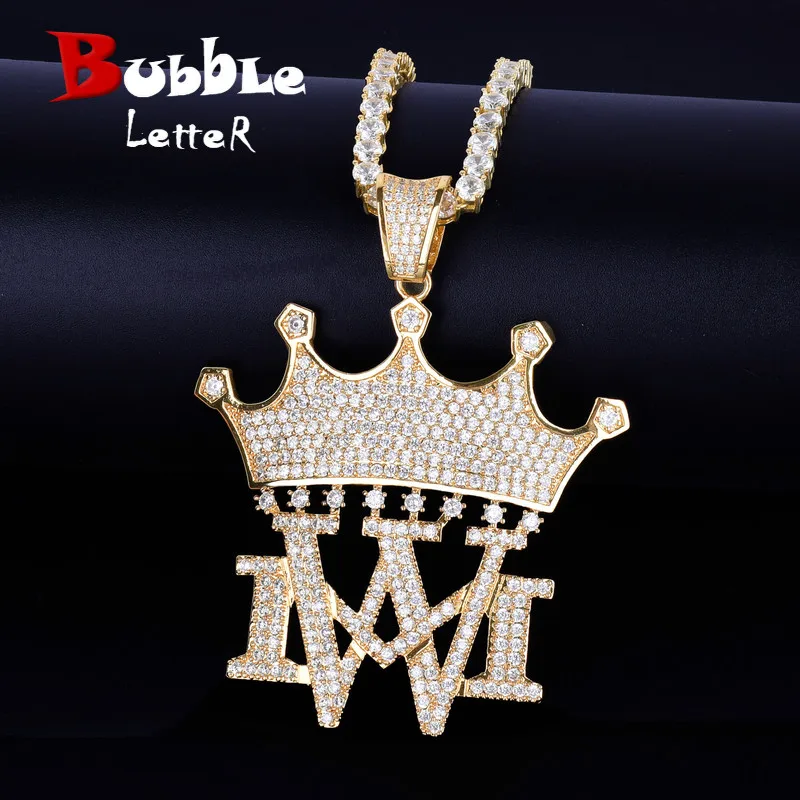 Корона с MW ожерелья и кулоны с теннисной цепочкой Золото Серебро Цвет Bling кубический циркон мужские хип хоп ювелирные изделия