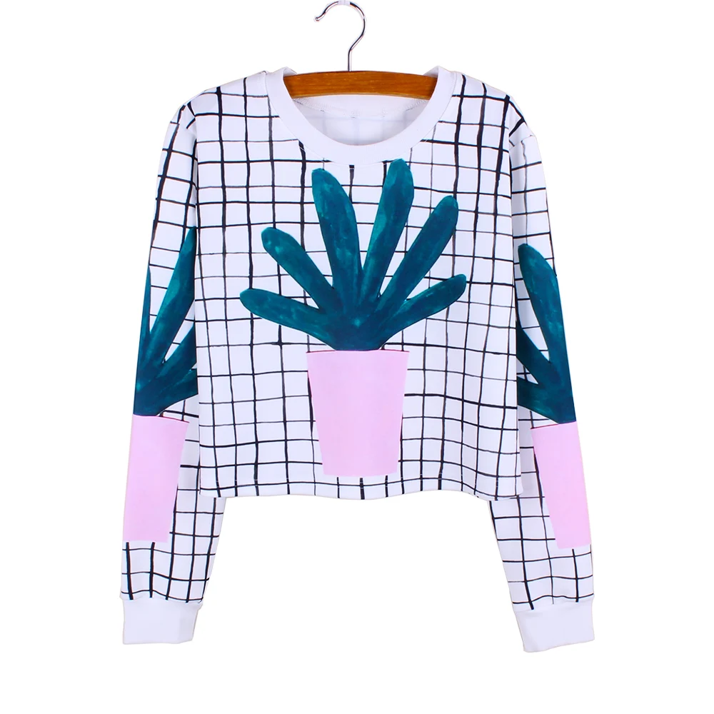 Укороченные свитшоты с принтом кактуса для девочек Прямая поставка повседневная