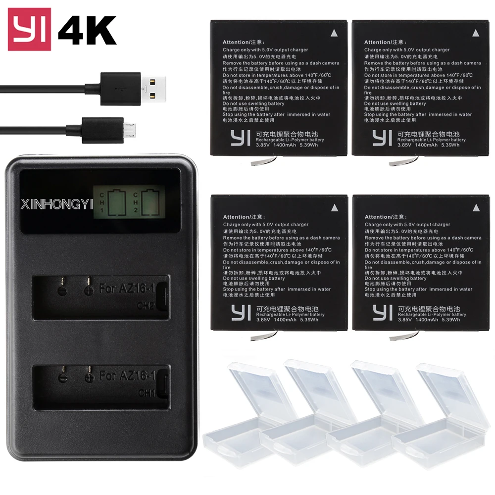 

4PCS 1400mAh Original yi 4K Battery AZ16-1 For Xiaomi YI 4K xiaoyi 4k+ 4K Camera accessories + Xiaoyi 4k USB LCD Dual Charger