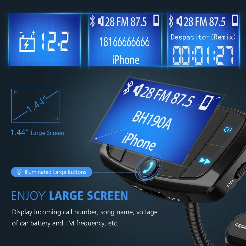 VicTsing Bluetooth fm-передатчик автомобильный комплект с быстрой зарядкой 3 0