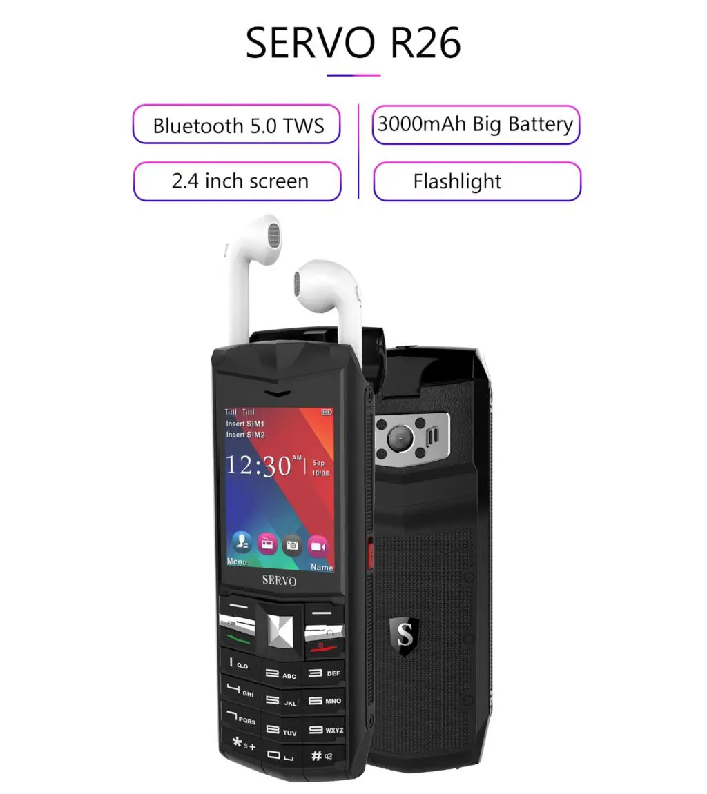 SERVO R26 2," мобильный телефон с TWS 5,0 Bluetooth беспроводные наушники 3000 мАч Внешний аккумулятор GSM GPRS 2 sim-карты мобильного телефона