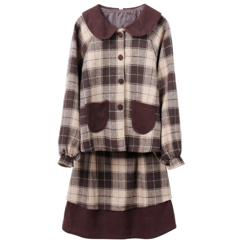 

2018 Autumn Cute Girls Coffee Plaid Checks Cute Winter 2pcs Women's Set Long Sleeve Jacket Coat & Plaid Check Mini Skirt